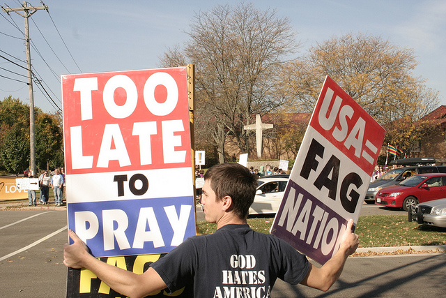 Westboro Baptist Church members protest at a Presbyterian church in Madison, Wis. <a href=