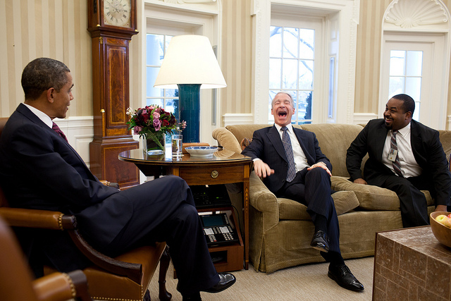 President Barack Obama shares a laugh with Pastor Joel Hunter, center, and Joshua DuBois, Director of the White House Office for Faith-Based and Neighborhood Partnerships, in the Oval Office, Feb. 1, 2012. <a href=