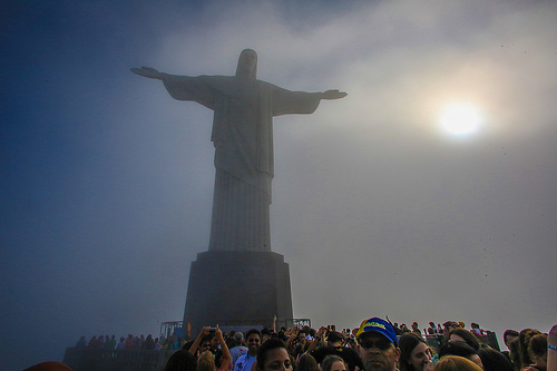 Pilgrims from the Archdiocese of Boston tour the Christ the Redeemer statue in Rio de Janeiro ahead of Pope Francis' arrival for World Youth Day. Photo courtesy George Martell/Pilot New Media.