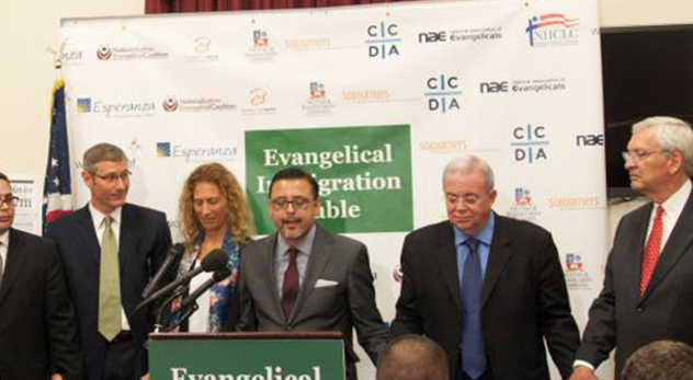 Leaders from the "Evangelical Immigration Table" pray together at an event in Washington, DC. - Image courtesy of Christians for Comprehensive Immigration Reform (http://bit.ly/162fmr2)