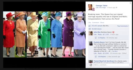 Photos of Queen Elizabeth II in different colored outfits.