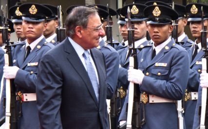 Leon Penetta, then U.S. Secretary of Defense, visiting Thai military officials in Bangkok in November 2011 to sign a "2012 Joint Vision Statement for the Thai-U.S. Defense Alliance" describing their security relationship.  Thailand is a "major non-NATO ally" of the U.S. which has armed and financed its military for decades, and conducts massive, joint training exercises on Thai territory each year. Photo by Richard S. Ehrlich