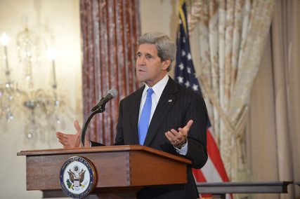 U.S. Secretary of State John Kerry delivers remarks at the launch of the Office for Engagement With Faith-Based Communities at the U.S. Department of State in Washington, D.C., on August 7, 2013. [State Department photo/ Public Domain]