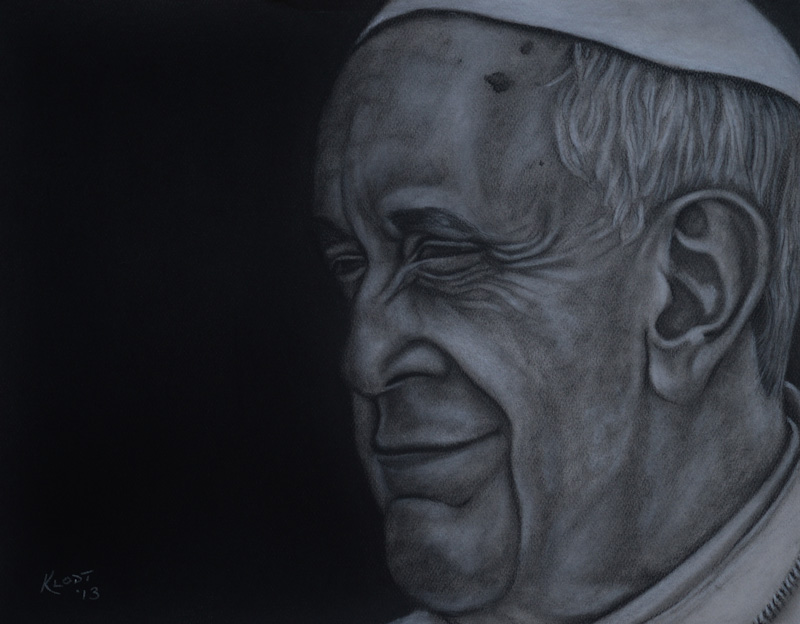 #28 - Our Pope: Francis by Jered Klodt, Cavalier AFS, N.D. (Charcoal) - "A portrait of Pope Francis done in charcoal with white chalk highlights on 11"x14" pastel paper."