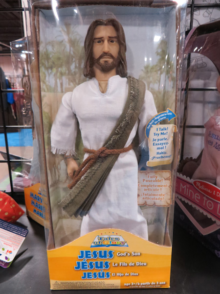 Spiritus also supplies retailers with this Jesus action figure at the 17th annual trade show of the Catholic Marketing Network last week (Aug. 6-9) in Somerset, N.J. RNS photo by David Gibson.