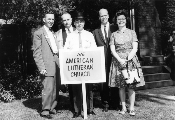 The American Lutheran Church's contingent among the Lutheran Human Relations Association of America's (LHRAA) marchers at the March on Washington, August 28, 1963. Pictured are (L-R): Rev. Robert S. Graetz, Jr., pastor of St. Philip's, Columbus, Ohio, formerly of Trinity Lutheran, Montgomery, Alabama; Rev. R(obert) Dale Lechleitner, associate director of The ALC's Board of American Missions; Rev. William A. Poovey, professor at Wartburg Seminary; Rev. Richard W. Solberg, professor at Augustana College, Sioux Falls, S.D.; and June Solberg. Photo courtesy National Lutheran Council