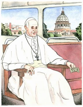 #35 - Pontifex Omnibus by Jason Bach, Gresham, Ore. (Ink and watercolor) - "Based on the portrait of Pope Innocent X by Diego Velazquez. Velazquez drew Innocent X looking very imperial and imperious on his papal throne. Francis, by contrast, sits not a throne but on a Roman public bus. By this I hoped to emphasize his humility and simplicity."