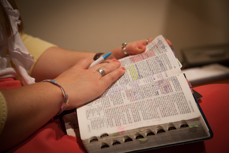 Sister Moody, from Elk Ridge, Utah, reads from her Bible during companionship study. Sister Moody is carrying out her mission at the Church of Jesus Christ of Latter-day Saints' Independence Visitors' Center in Missouri on Sept. 10, 2013. RNS photo by Sally Morrow
