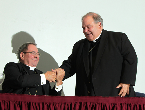 Newark Archbishop John J. Myers and co-Adjutor Bernard Hebda hold a news conference at the Archdiocese of Newark's Archdiocesan Center in Newark. Photo by John O'Boyle/The Star-Ledger
