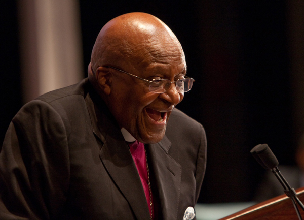 Desmond Tutu speaks at Clowes Hall, Butler University. Photo courtesy Butler University