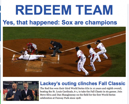 Screen shot of the Boston Globe homepage, Oct. 31, 2013. 