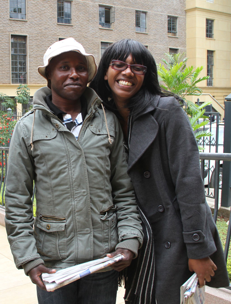Mr. Alexander Nthugi and Ms. Audrey Mbugua both living with Gender Identity Disorders stand outside the Kenyan High Court. Ms. Mbugua born as Andrew Mbugua has sued the government to recognized as a woman. RNS photo by Fredrick Nzwili