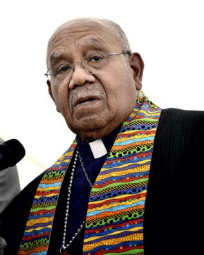 Bishop Melvin Talbert joined 13 other United Methodist bishops at a gathering on May 4 outside the 2012 United Methodist General Conference in Tampa, Florida, where they showed their support for clergy in the denomination who choose to officiate at religious weddings of same-sex couples. Doing so is a violation of church rules, but Talbert said he preferred Biblical obedience even if it meant ecclesiasical disobedience. Photo by Paul Jeffrey/courteys UMNS
