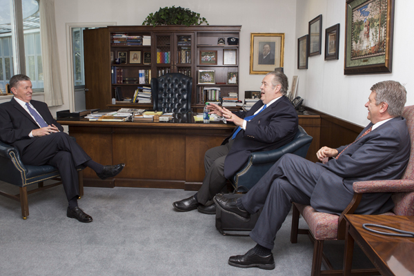 Richard Land (center), President of the Southern Evangelical Seminary, meets with Brigham Young University President Cecil O. Samuelson (left), and Brent L. Top, BYU Dean of Religious Education on Sept. 6, 2013. Photo by Bella Torgerson/courtesy Brigham Young University