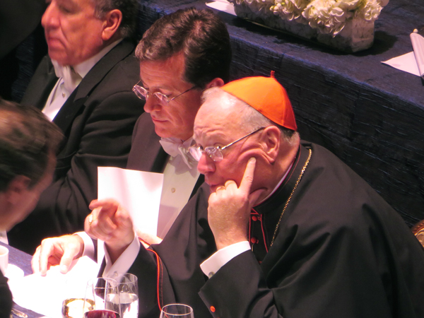 New York Cardinal Timothy Dolan (right) and Comedy Central's Stephen Colbert together again for the third time at the annual Al Smith dinner on Thursday night (Oct. 18) at the Waldorf Astoria in New York. RNS photo by David Gibson
