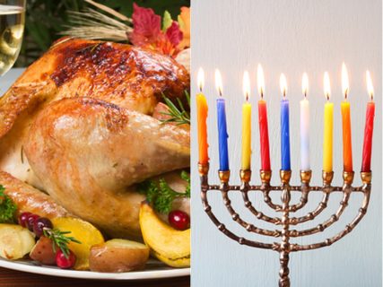 Left, Thanksgiving turkey, right, a Hanukkah menorah