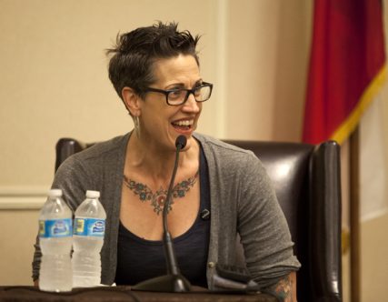 Rev. Nadia Bolz-Weber is a pastor at House for All Sinners and Saints, an Evangelical Lutheran Church in Denver. Bolz-Weber is photographed here speaking at the 2013 Religion Newswriters Association Conference in September. RNS photo by Sally Morrow