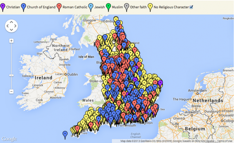The Fair Admissions Campaign's map of English secondary schools by religious and socio-economic selection.