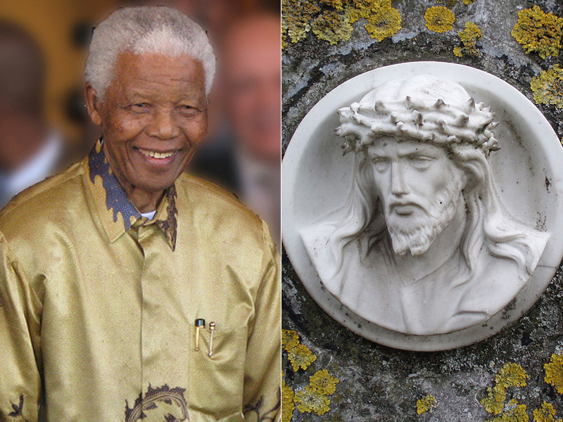 Nelson Mandela photo, left, courtesy South Africa The Good News / www.sagoodnews.co.za, via Wikimedia Commons. Jesus statue photo, right, courtesy of Onderwijsgek, via Wikimedia Commons