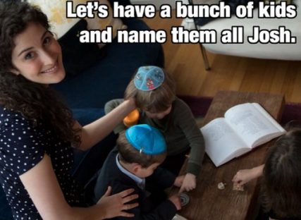 A photo of a mother with several children wearing yarmulkes.