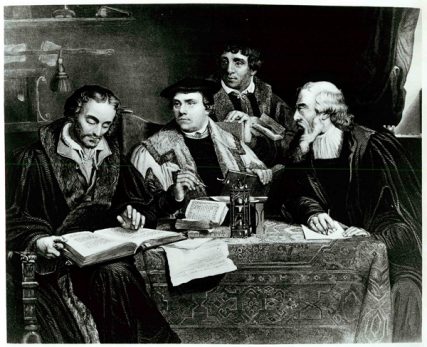 Reformer Martin Luther (center) works closely with several colleagues in translating the first German-language edition of the Bible. The edition appeared in 1532, 15 years after Luther's challenge to the practice of selling indulgences led to the Protestant Reformation. At right are Johann Burgenhagen (standing), a pastor, and Caspar Cruciger, who edited many of Luther's writings. Engraving by J.C. Buttre. Religion News Service file photo *This day in history note: 1520 - Martin Luther publicly burned papal edict demands he recant