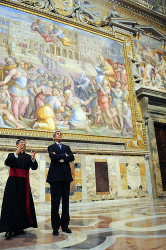 Chief of Protocol Monsignor Jose Bettancourt describes artwork in the Vatican for U.S. Secretary of State John Kerry during a visit to Vatican City and Rome, Italy, on January 14, 2014.  Photo courtesy U.S. State Department.