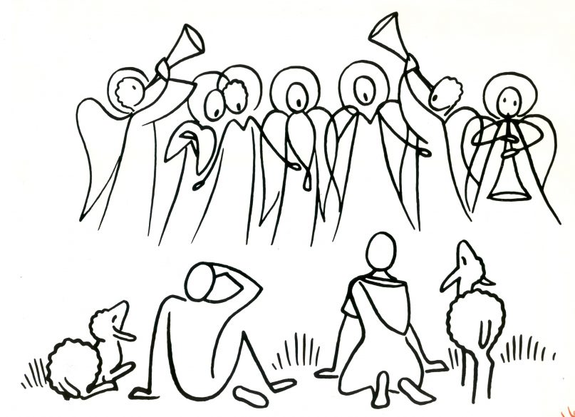 Angels inform shepherds of the birth of the Christ. Illustration courtesy Annie Vallotton, The Good News Bible