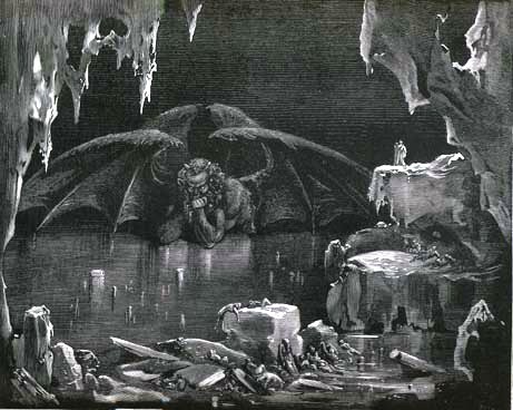 Satan freezes in the Ninth Circle of Dante's "Inferno," from a classic Gustav Dore' illustration