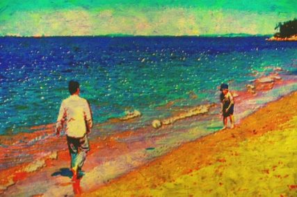 Painting of a father and son playing soccer on the beach.