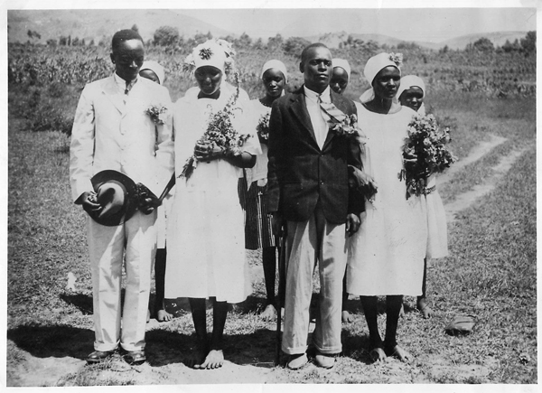 (Date unknown) A wedding in the Wakamba native reserve near Nairobi, Kenya, which was typical of Christian ceremonies gradually replacing the old tribal customs. The wedding was held in a mission church in the reserve. Religious News Service file photo