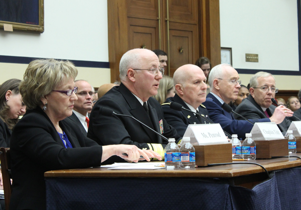 Military experts testify on Wednesday (Jan. 29) at a House Military Personnel Subcommittee hearing. Pictured from left to right are, Virginia Penrod, deputy assistant secretary of defense for military personnel policy; Navy Chief of Chaplains Mark Tidd; Army Deputy Chief of Chaplains Charles Bailey; U.S. Air Force Deputy Chief Chaplain Bobby Page. RNS photo by Adelle M. Banks