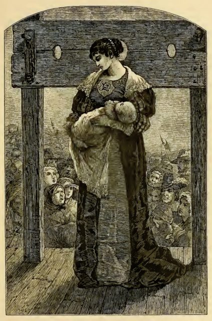 Hester Prynne at the stocks, an engraving from an edition of Nathaniel Hawthorne's 