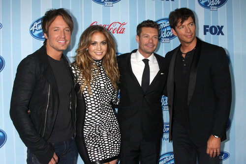 Keith Urban, Jennifer Lopez, Ryan Seacrest, and Harry Connick Jr. at the American Idol Season 13 Premiere Screening at Royce Hall on January 14, 2014 in Westwood, Calif.