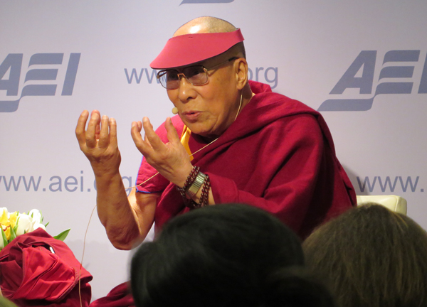 The Dalai Lama, the spiritual leader of Tibetan Buddhism, speaks to the American Enterprise Institute on Thursday (Feb. 20) in Washington, D.C. The think tank, which advocates for the strengthening of free market capitalism, asked the Dalai Lama to participate in discussions on "Economics, Happiness, and the Search for a Better Life." RNS photo by Lauren Markoe
