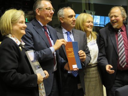 Left to right, Commissioner Mary Ann Glendon of U.S. foreign policy positions toward religious freedom; Dennis de Jong and Peter van Dalen, co-presidents of the EU working group; Katrina Lantos Swett, vice chair at USCIRF; and Heiner Bielefeldt, the United Nations’ special rapporteur on freedom of religion, pose for a photo during their meeting in Brussels on Wednesday (Feb. 12). RNS photo by Brian Pellot 