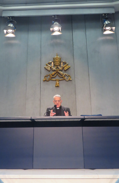 Vatican spokesman Rev. Federico Lombardi addresses the press on Feb. 21 at the Vatican. RNS photo by David Gibson