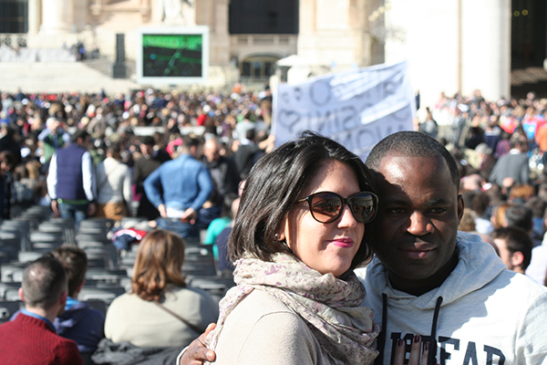 One of the engaged couples who came to celebrate Valentines Day with the Pope Francis' blessings at St Peter's Square on February 14, 2014. RNS photo by Eyal Baruch (www.eyalos.com)