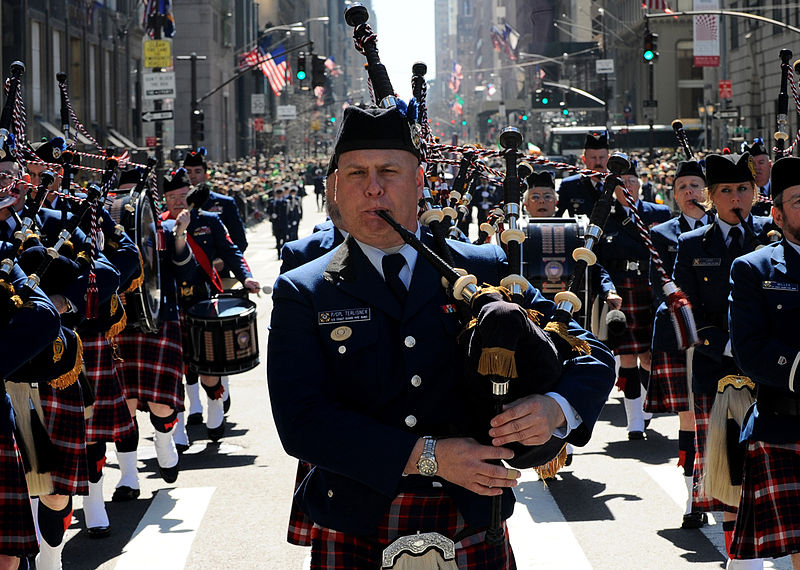 Members of the U.S. Coast Guard Pipe Band march up Fifth Avenue in the 250th St. Patrick's Day Parade, Manhattan, N.Y., March 17, 2010. Photo by Petty Officer Seth Johnson via Wikimedia Commons.