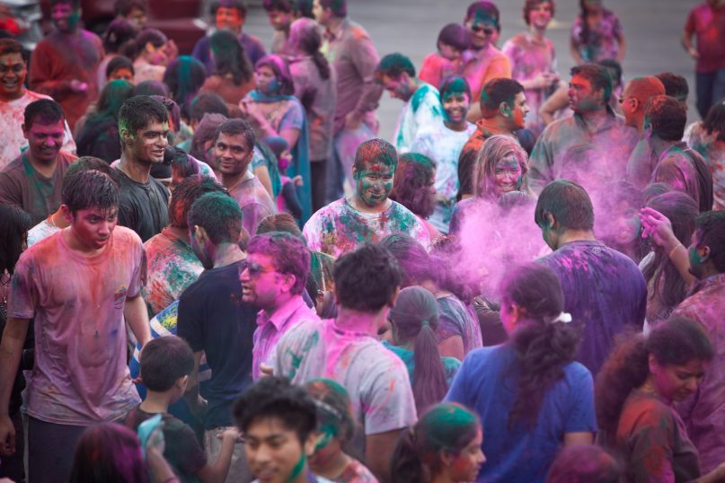 People of all ages celebrate Holi (Festival of Colors) at the Hindu Temple & Cultural Center of Kansas City on Saturday, March 30.  RNS photo by Sally Morrow
