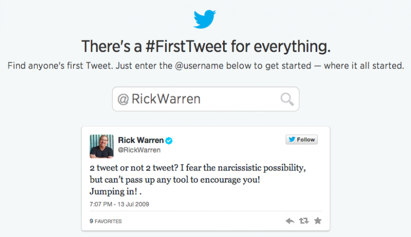 Megachurch pastor Rick Warren's first tweet. 