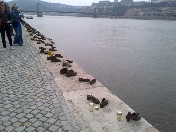 Shoes line the Danube promenade, a poignant reminder of what happened to thousands of Jews during the Hungarian Holocaust, which started with the German Army's invasion on March 19, 1944. RNS photo by Trevor Grundy