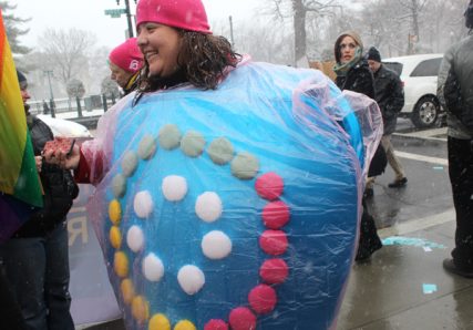 Margot Riphagen of New Orleans, dressed as a pack of birth control pills, demonstrated outside the Supreme Court, which heard cases of two businesses challenging the contraception mandate of the Affordable Care Act on Tuesday (March 25). RNS photo by Adelle M. Banks