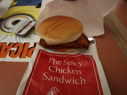 A spicy chicken sandwich at a Chick-fil-A restaurant.