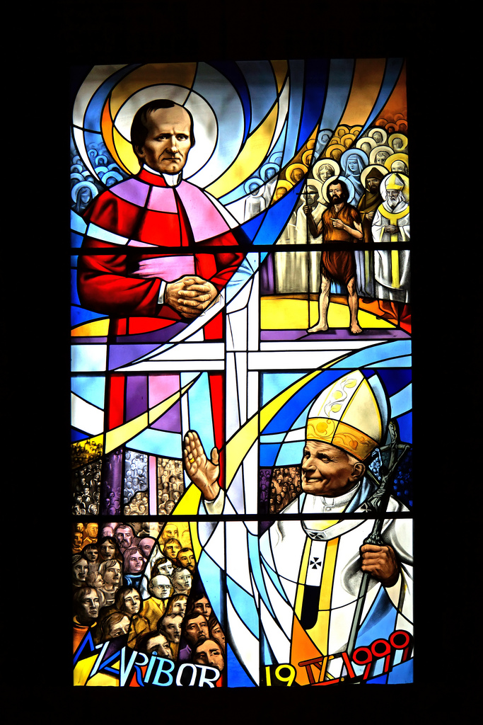Stained glass window of Pope John Paul II, courtesy of Dennis Jarvis via Flickr