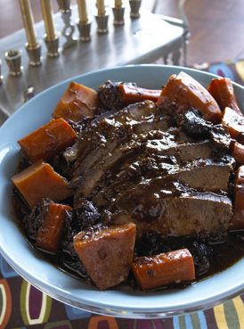 Brisket with Prunes, Sweet Potato and Carrots. Photo by Dave Carlin, courtesy of Cooking and More and Reform Judaism.org