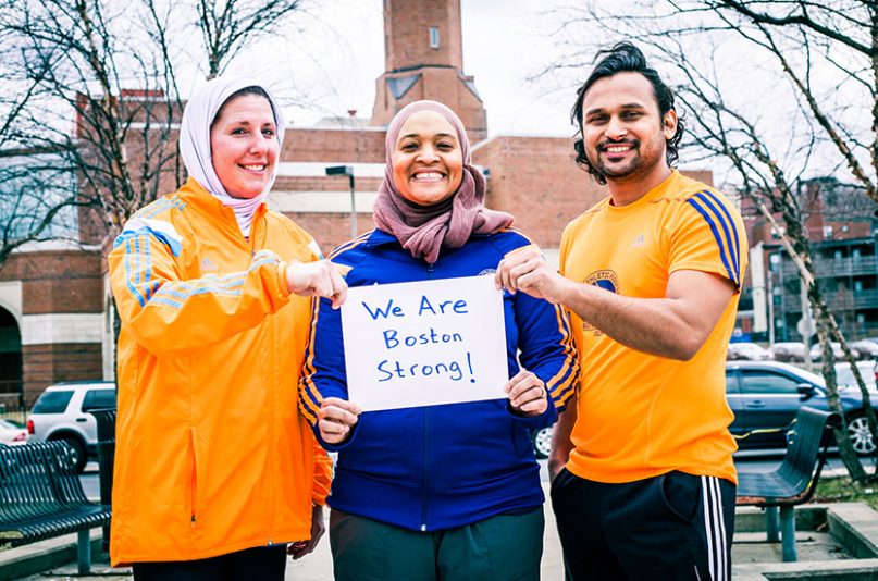 Left to right, Leanne Scorzoni, who converted to Islam soon after the bombings, will be wearing a special sports hijab for the race; Jalon Fowler, a 38-year-old IT specialist for John Hancock Financial Services, who will be running her fourth Boston Marathon on Monday (April 21); and Hamza Syed, whose family came from Pakistan to Massachusetts when he was 3 years old, vowed he would run this year. Photo courtesy of Islamic Society of Boston Cultural Center
