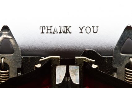 "Thank you" written on a typewriter. 