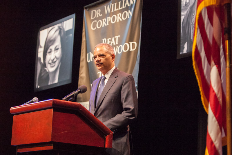 U.S. Attorney General Eric Holder addresses the community gathered during an interfaith 