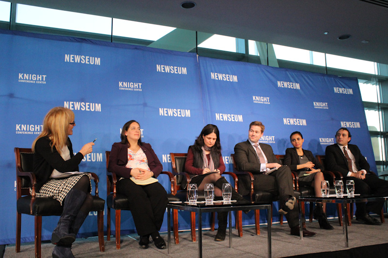 Moderator Katrina Lantos Sweet and panelists (left to right) Sarah Cook, Geraldine Fagan, Johannes Langkilde, Ebtihal Mubarak and Pir Zubair Shah at “Journalism Between Red Lines: Covering Religion and Religious Freedom in a World of Conflict,” on April 9, 2014 in Washington, D.C. The event was co-sponsored by the Newseum and Religion News Service. RNS photo by Adelle M. Banks