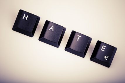 The word hate formed with computer keyboard keys.